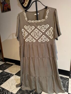 Baltic Born Olive Embroidered Babydoll Dress 2XL Cottagecore Boho Festival